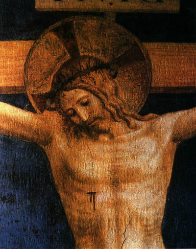 św. DOMINIK adorujący KRZYŻ: ANGELICO, Fra (ok. 1400, Vicchio nell Mugello - 1455, Rzym), fragment, lata 1440-te, fresk, 340 x 155 cm, Convento di San Marco, Florencja; źródło: www.christusrex.org