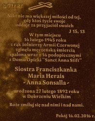 SONSALLA Anna (s. Maria Herais) - Tablica pamiątkowa, monument, kompleks pamięci w miejscu mordu, Pokój – uroczyste poświęcenie 17.02.2016; źródło: dzięki uprzejmości pragnącego zostać anonimowym darczyńcy, zasoby własne; KLIKNIJ by POWIĘKSZYĆ i WYŚWIETLIĆ INFO