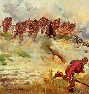 ŚMIERĆ KS. IGNACEGO SKORUPKI POD OSSOWEM 14 SIERPNIA 1920 ROKU: KOSSAK, Jerzy (1886, Kraków – 1955, Kraków), fragm., 1934, olejny na płótnie, 70×100 cm, własność prywatna; źródło: www.pinakoteka.zascianek.pl