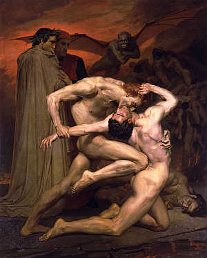 DANTE I WIRGILIUSZ W PIEKLE: BOUGUEREAU, William-Adolphe, (1825, La Rochelle – 1905, La Rochelle), 1850, olejny na płótnie, 225×281 cm, kolekcja prywatna; źródło: www.artrenewal.org