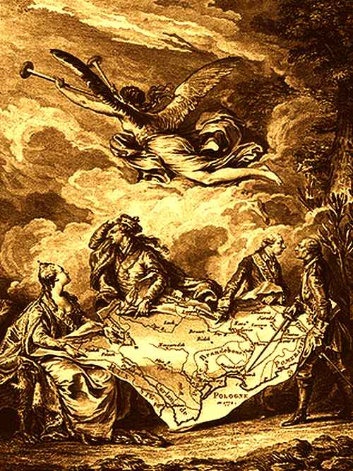 KOŁACZ KRÓLEWSKI – alegoria rozbioru Polski, miedzioryt wykonany na podstawie rysunku przez Nicolas Noël Le Mire; źródło: pl.wikipedia.org