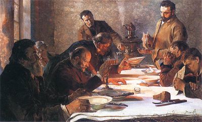 WIGILIA na SYBERII: MALCZEWSKI, Jacek (1854, Radom - 1929, Kraków), 1892, olejny na płótnie, 81x126cm, Muzeum Narodowe, Kraków; źródło: www.pinakoteka.zascianek.pl