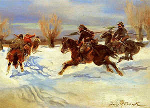 POŚCIG 6 PUŁKU UŁANÓW ZA BOLSZEWIKAMI, KOSSAK, Jerzy (1886, Kraków - 1955, Kraków), 1930, olejny na desce, 22×38 cm, Muzeum Historyczne miasta Krakowa; źródło: www.pinakoteka.zascianek.pl