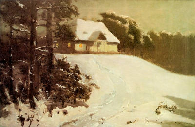 ZIMA. DWOREK O ZMIERZCHU: CHEŁMOŃSKI, Józef (1849, Boczki – 1914. Kuklówka), 1906-1907, olejny na płótnie, 64×97.8 cm, Muzeum Śląskie, Katowice; źródło: www.pinakoteka.zascianek.pl
