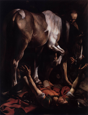 NAWRÓCENIE NA DRODZE DO DAMASZKU: CARAVAGGIO (1571, Caravaggio - 1610, Porto Ercole), 1600-01, olejny na płótnie, 230×175 cm, kaplica Cerasi, kościół Santa Maria del Popolo, Rzym; źródło: www.wga.hu