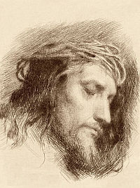 CHRYSTUS z KORONĄ CIERNIOWĄ (OCZY ZAMKNIĘTE): BLOCH, Carl Heinrich (1834, Kopenhaga - 1890, Kopenhaga), 1881, szkic, 9x7.5cm, Hope Gallery, Det Nationalhistoriske Museum, Frederiksborg, Dania; źródło: www.carlbloch.com