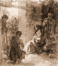 BOŻE NARODZENIE - POKŁON PASTERZY: ALCHIMOWICZ Kazimierz (1840, Dziembrów koło Grodna - 1916, Warszawa), węgiel, papier, 26.6x51.3cm, Muzeum Narodowe w Warszawie; źródło: www.pinakoteka.zascianek.pl