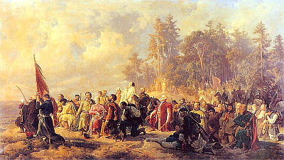 MODLITWA KONFEDERATÓW BARSKICH przed BITWĄ pod LANCKORONĄ: GROTTGER, Artur (1837, Ottyniowice na Podolu - 1867, Amélie-les-Bains), 1863, olejny na płótnie, 127x222cm, własność prywatna; źródło: www.pinakoteka.zascianek.pl