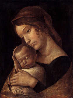 MADONNA ZE ŚPIĄCYM DZIECKIEM: MANTEGNA, Andrea (1431, Isola di Cartura - 1506, Mantua), 1465-70, tempera na płótnie, 43×32 cm, Staatliche Museen, Berlin; źródło: www.wga.hu