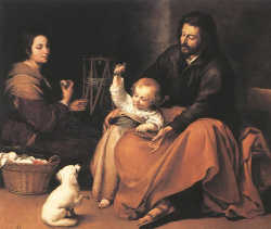 ŚWIĘTA RODZINA: MURILLO, Bartolomé Esteban (1617, Sewilla - 1682, Sewilla), ok. 1650, olejny na płótnie, 144x188 cm, Museo del Prado, Madryt; źródło www.artrenewal.org