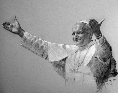 ŚW. JAN PAWEŁ II: HARUNI, Ylli (ur. 1954, Albania) – 2011, węgiel i pastel na papierze; źródło: fineartamerica.com