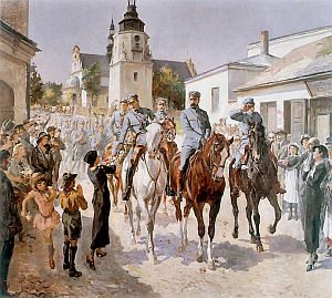 WJAZD J. PIŁSUDSKIEGO DO KIELC 12.VIII.1914: BATOWSKI, Stanisław Kaczor (1866, Lwów – 1946, Lwów), 1935, olejny na płótnie, 180x211cm, Muzeum Narodowe, Kielce; źródło: www.pinakoteka.zascianek.pl
