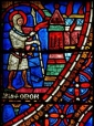 św. TEODOR z AMAZJI i SPALENIE ŚWIĄTYNI KEBELE - XII w., panel witraża, lewa apsyda, katedra pw. Najświętszej Maryi Panny, Chartres; źródło: www.therosewindow.com