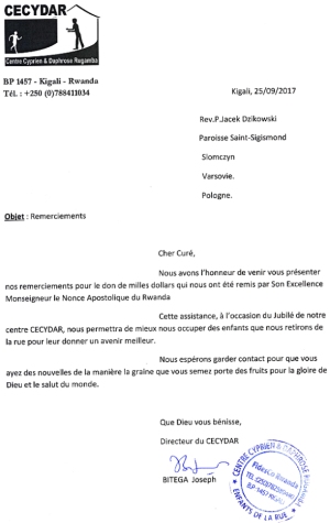 List p. Józefa Bitega, dyrektora centrum CECYDAY; źródło: zbiory własne