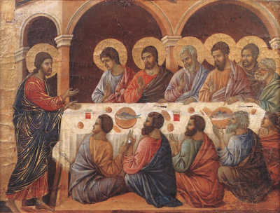 POJAWIENIE SIĘ wśród APOSTOŁÓW u STOŁU: DUCCIO di Buoninsegna (1255, Siena - 1319, Siena), 1308-11, tempera na desce, 39.5x51.5cm, Museo dell'Opera del Duomo, Siena; źródło: www.wga.hu
