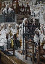 JEZUS ROZWIJA KSIĘGĘ w SYNAGODZE: TISSOT, Jakub Józef (1836, Nantes - 1902, Doubs), 1886—94, 27.1×19.2 cm matowe farby wodne na podłożu grafitowym papieru o szarym splocie, Brooklyn Museum, Nowy Jork; źródło: www.brooklynmuseum.org